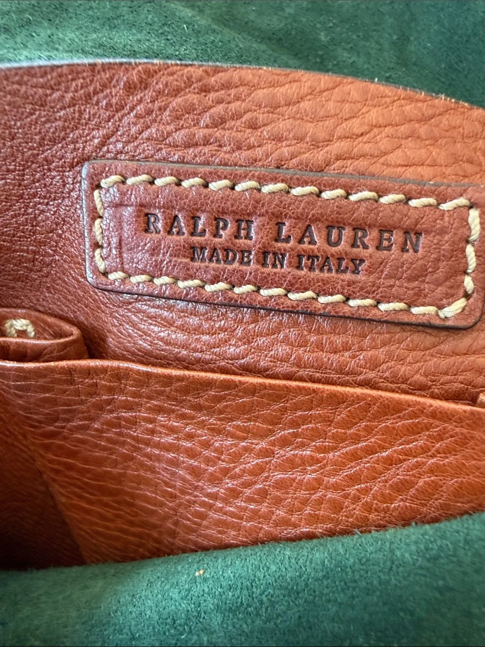 Ralph Lauren Leather Handbag in Terracotta and Forest Green Suede
